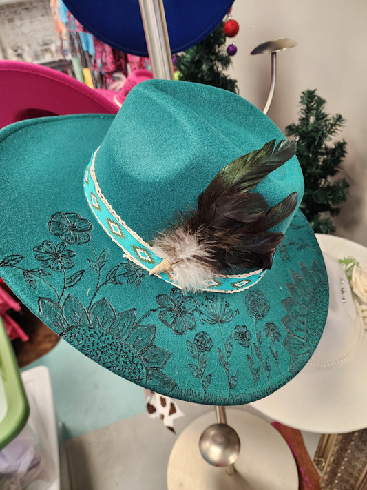 Teal with Brown Feathers Handmade Hat