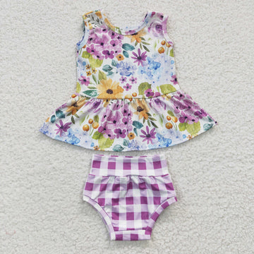 Purple Floral Plaid Bummie Set