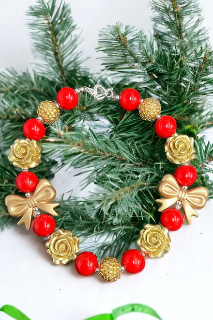 Red and Gold with Gold roses and bows Bubblegum Necklace