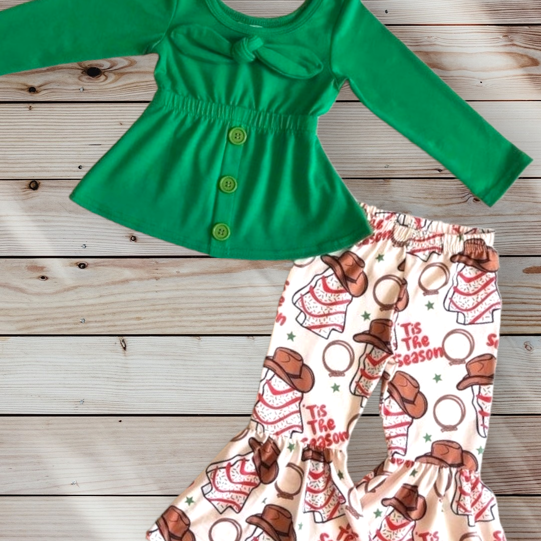 Green Cowboy Christmas Tree Bell Bottoms Set